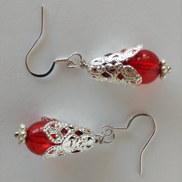 Handmade Red and Silver Filigree Beaded Earrings On Silver Tone Fishhooks 1.75in - Picture 2 of 14